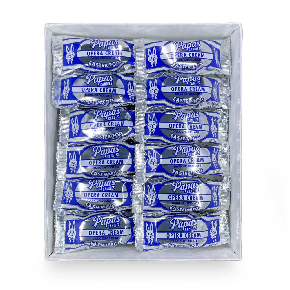 A white 24 count box of individually wrapped Papas Dark Opera Cream Eggs with lid.