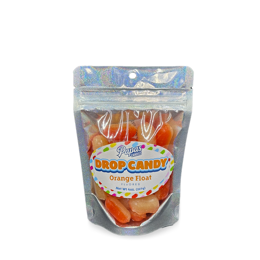 Silver resealable bag filled with a quarter pound of bi-colored orange and white orange float flavored classic hard drop candy.